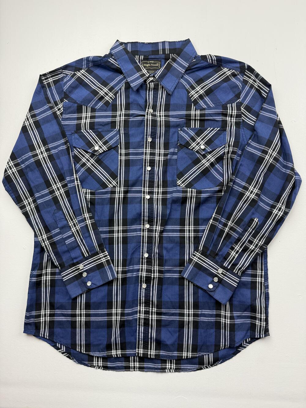 High Noon Shirt Mens XL Blue Plaid Long Sleeve Western Pearl Snap Casual Top